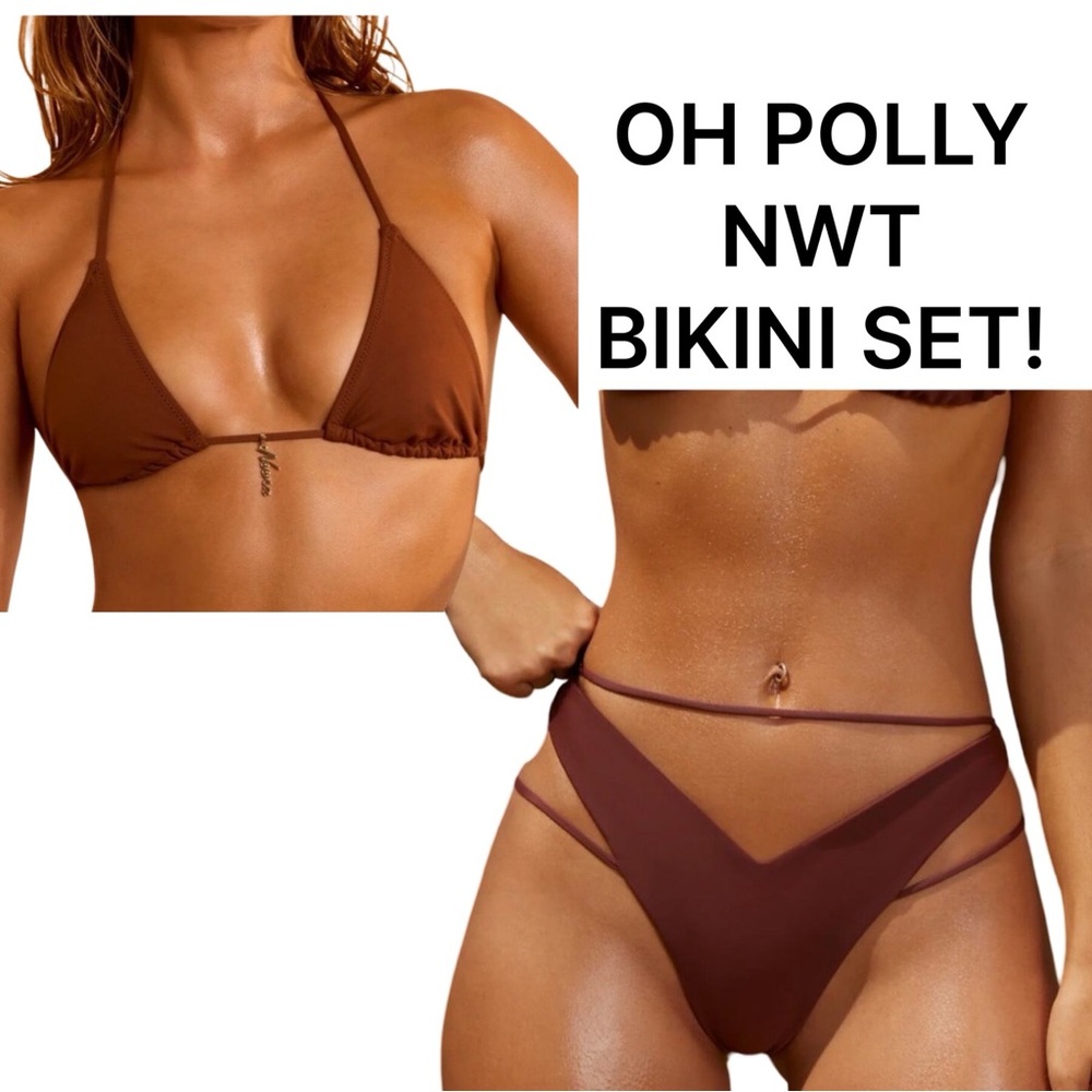 NWT Oh Polly Neena Brown Bikini 2-Piece SET One Shoulder Top (L) & Bottom (M)